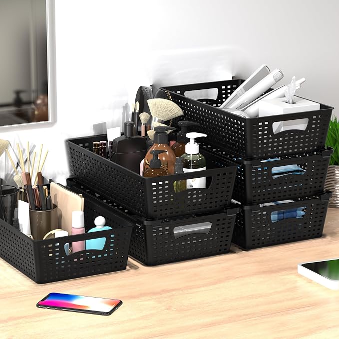 Simple Houseware Stackable Plastic Woven Basket Organizer, 6 Pack, 14.5" x 8.5" - Image 5