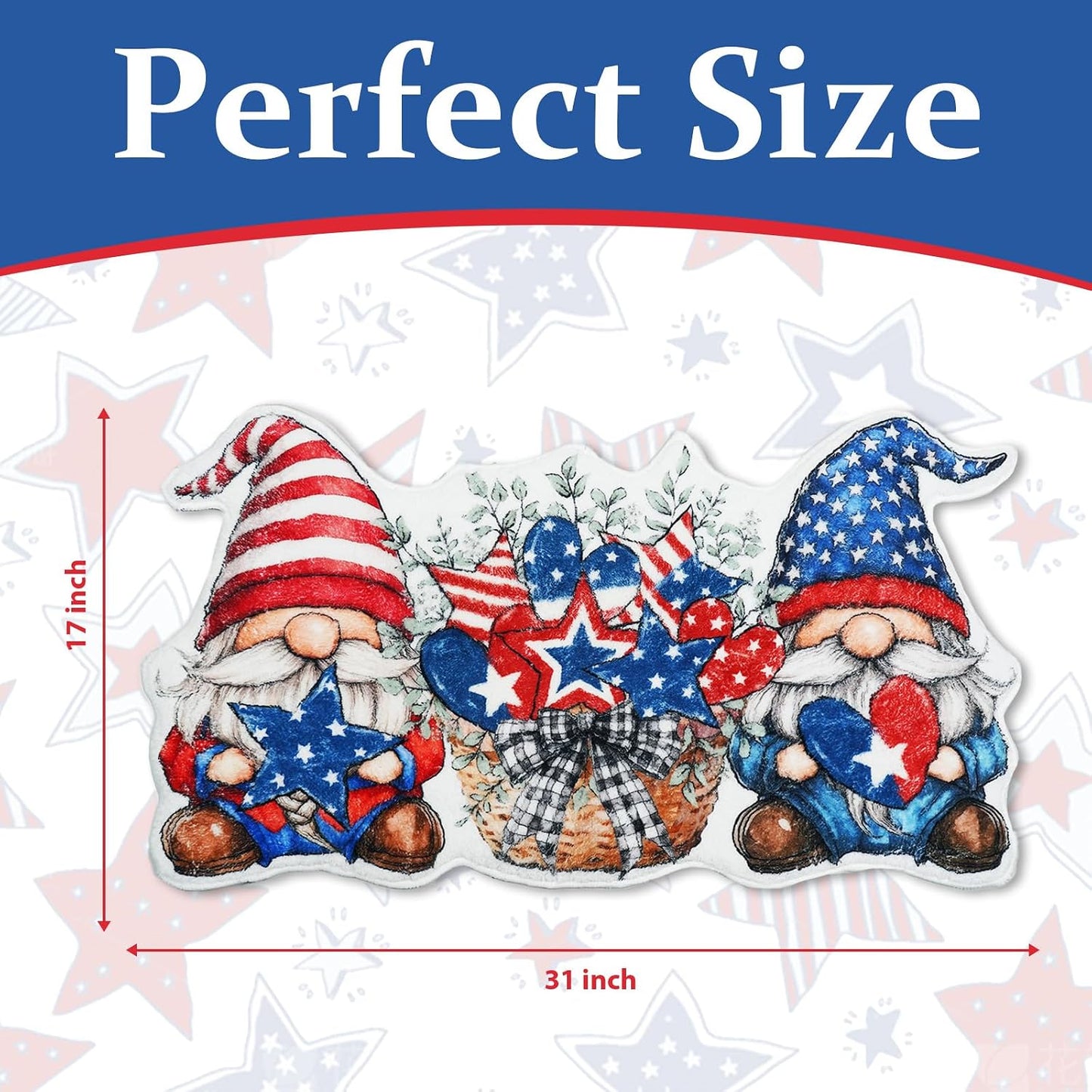 4th of July Bathroom Rugs Cute Gnome Patriotic Bath Mat, Non-Slip Farmhouse Doormat Shower Bath Rugs for Memorial Day/Independence Day Home Decorations