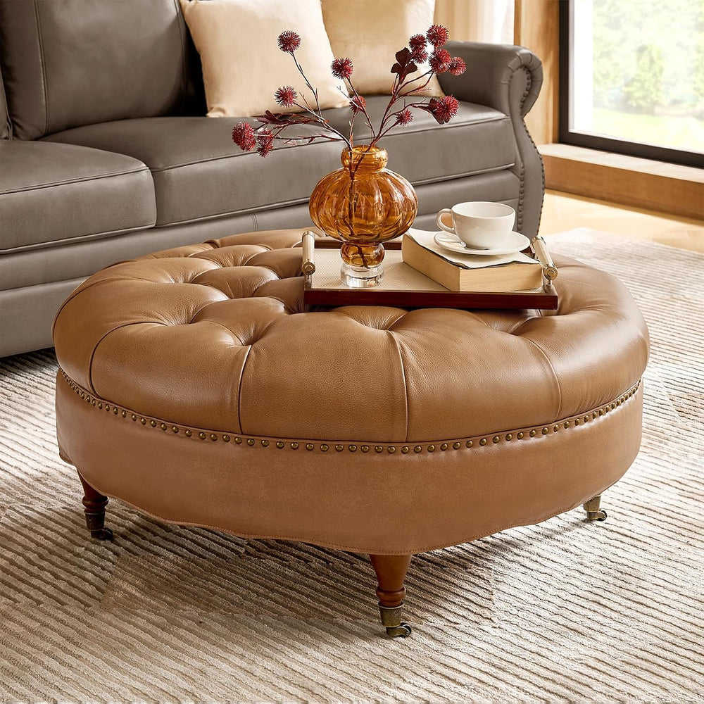 HULALA HOME 40" Genuine Leather Coffee Table with Rolling Wheels, Camel