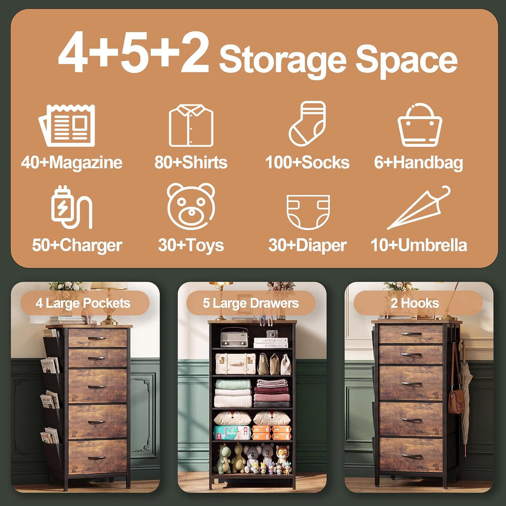 HCHQHS Tall Dresser for Bedroom 5 Drawers Fabric Rustic Brown