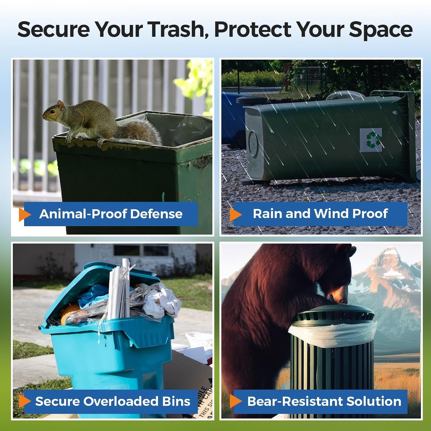 2PCS Bear Proof Trash Can Locks with Double Metal Claw - Adjustable Strap Garbage Can Locks for 28-96 Gallon Outdoor Bins, Animal Proof Against Raccoons - Black