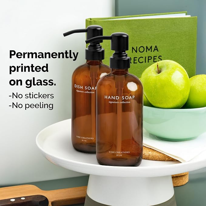 Vine Creations Amber Glass Soap Dispenser Set, Dish Soap and Hand Soap - Image 3