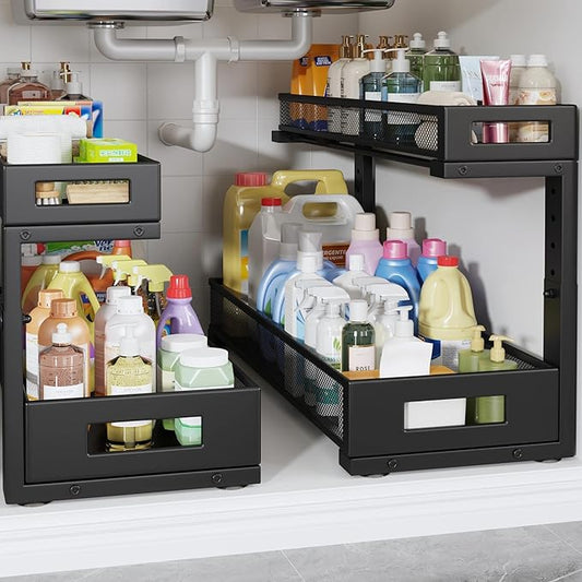 2 Pack 20.47IN Depth Under Sink Storage Organizer, Large 2-Tier Elegant Mesh by UnderSinkOrganizer