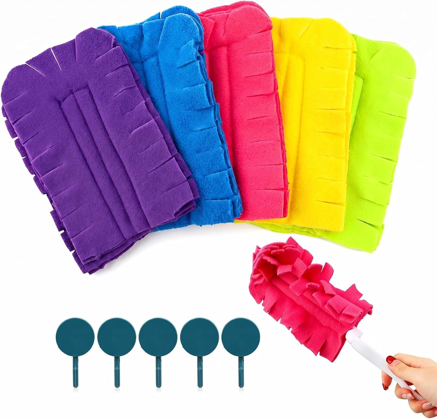 5 PCS Reusable Duster Refills, 360° Electrostatic Washable Microfiber Duster with Handle & 5 Hooks, Multi-Surface Cleaning Tool for Home Car Furniture Fans