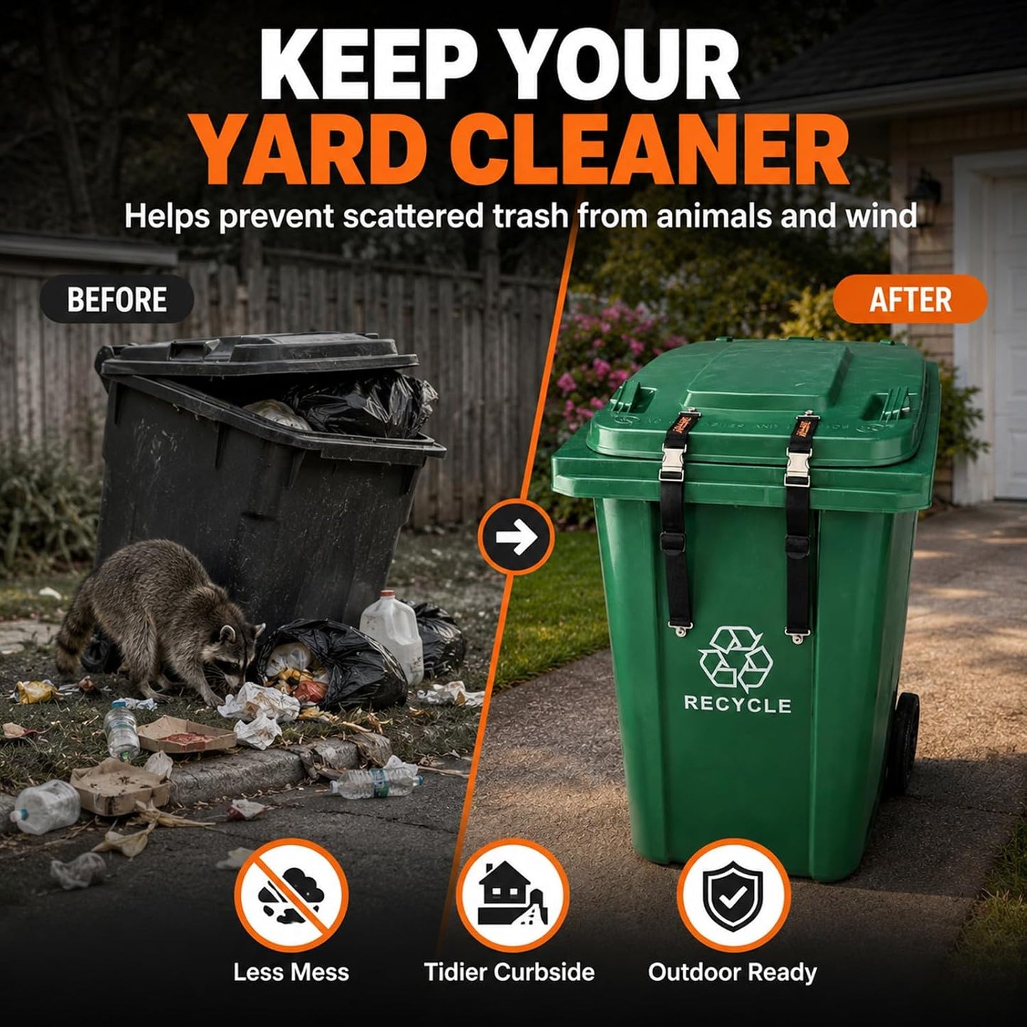 2PCS Heavy-Duty Bear Proof Trash Can Locks - Animal-Proof Lid Straps with Secure Buckle for 28-96 Gallon Outdoor Bins, Anti-Raccoon & Wildlife