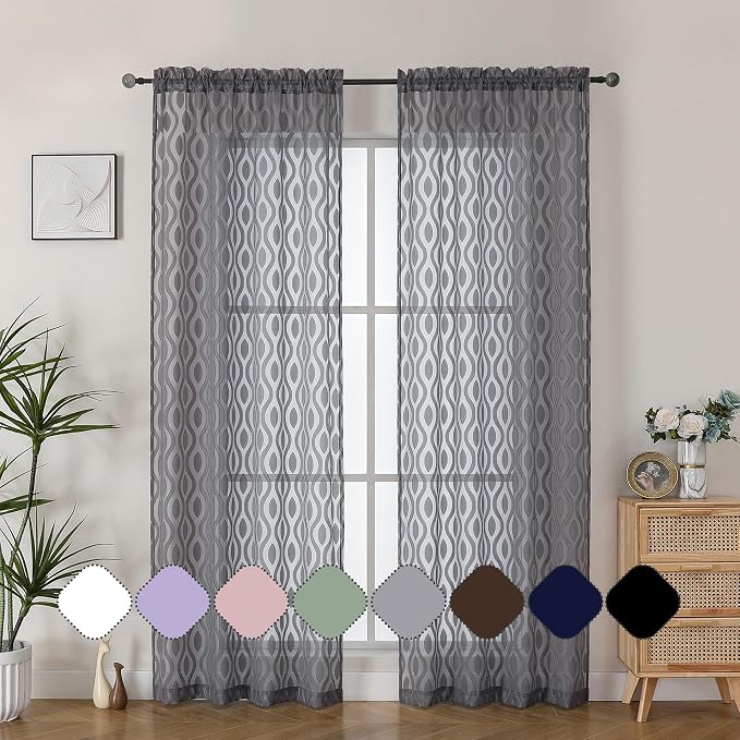 Aiyufeng Charcoal Grey Sheer Curtains 84 Inches Long 2 Panels, Solid Airy Light - Image 2