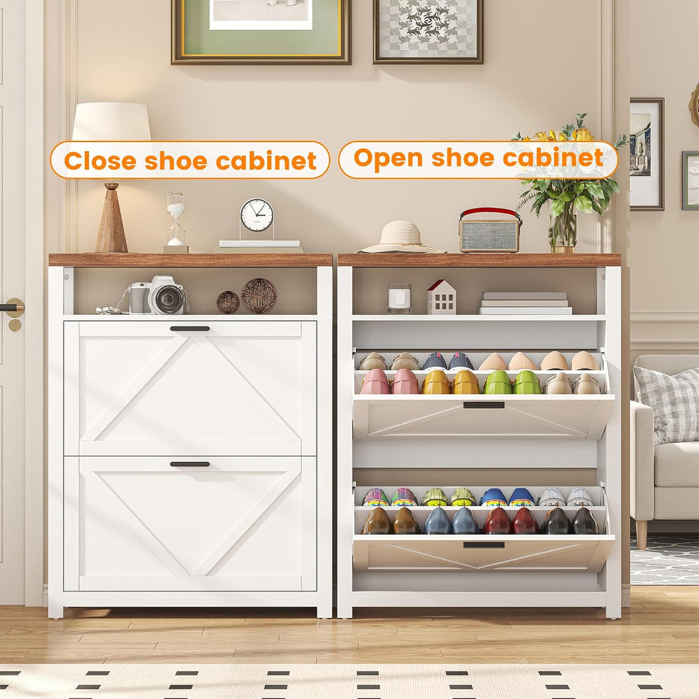 Shoe Storage Cabinet with 2 Flip Drawers, 4 Tires Farmhouse Shoe Organizer wi...