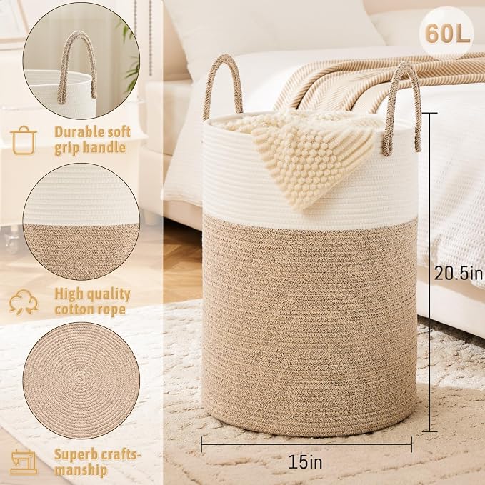 Laundry Basket, Woven Cotton Rope Laundry Hamper, 60L - Image 6