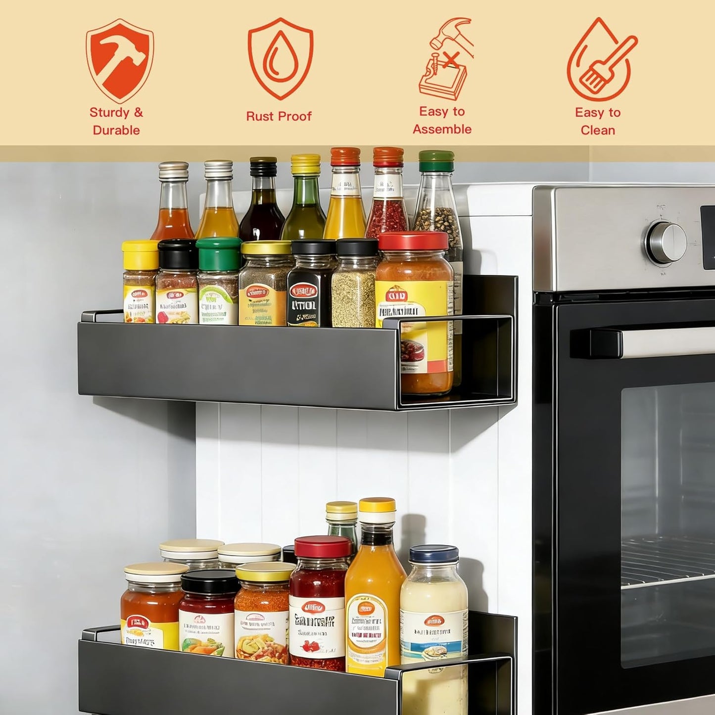 Magnetic Fridge Organizer, Spice Rack, Kitchen Organizers and Storage, Cabinet Organizer with Shelf, Pantry Organization for Countertop, Over the Door Storage with Detachable 2 Hooks