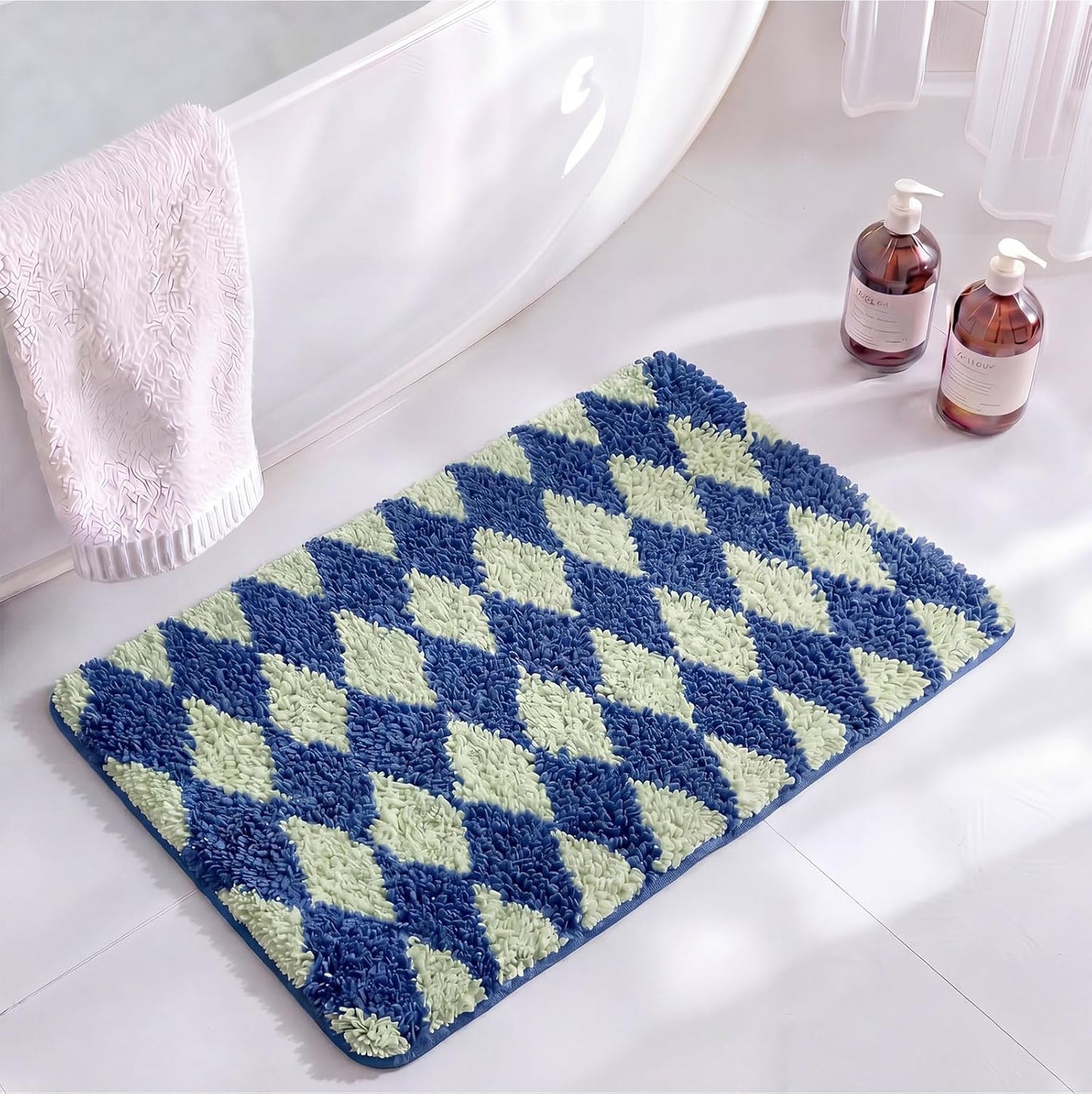 Kacctyen Checkered Bath Mat 24x16 Inch Cute Diamond Tufted Bathroom Rug Soft Absorbent Non-Slip Washable Microfiber for Tub Shower Apartment Dorm Home Decor(Blue and Green)