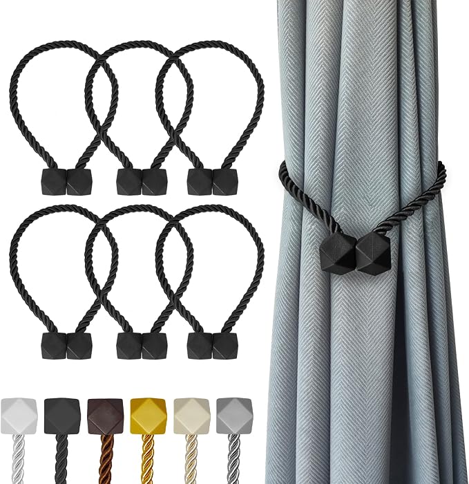 Hion Magnetic Curtain Tiebacks Black 6 Pack, Curtain Tiebacks Buckles Holdbacks by Hion