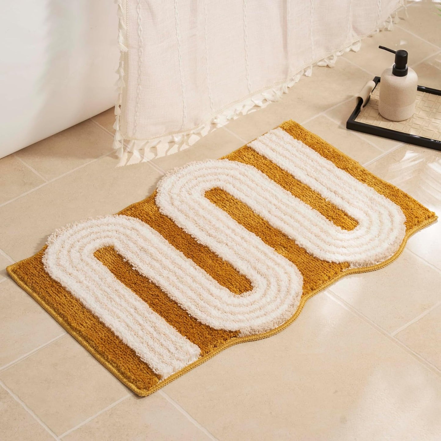 Unique Boho Bathroom Rugs, Cute Bath Mat with Funky Design, Fun Bohemian Decor for Bathroom Bedroom, Machine Washable Soft Non-Slip Bath Rug, 30" X 20", Mustard Yellow