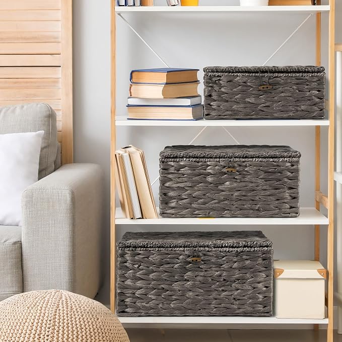 Wicker Storage Baskets with Lids and Handles, Hand Woven Rattan Storage Bins Box - Image 4