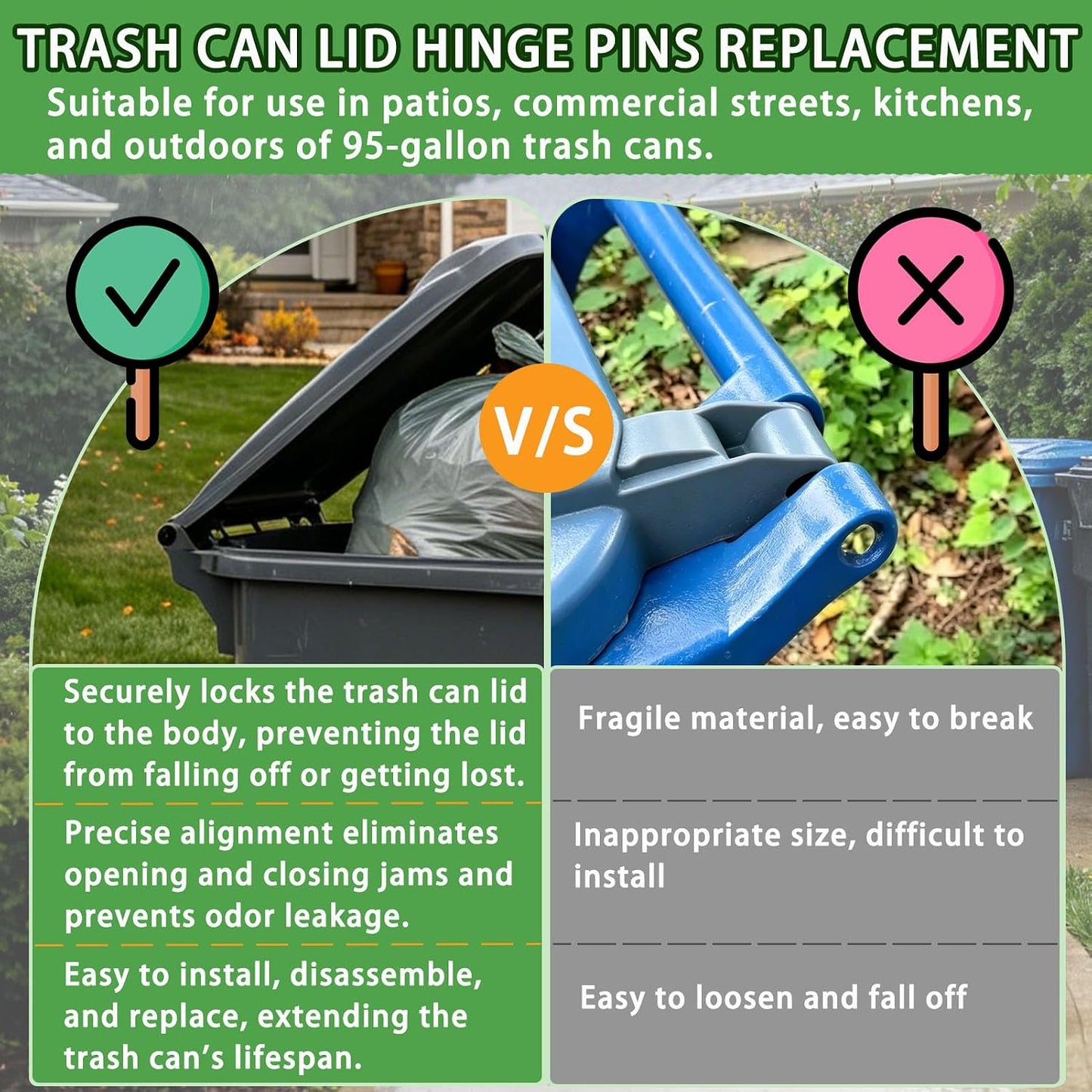 2 Pack Heavy Duty Wheelie Trash Can Bin Lid Hinge Pins Fit for Rehrig Sierra Huskylite 95-Gallon Wheeled Trash Can Lids Latch Stronger for Outdoor Household Commercial Wheelie Trash Bins Accessories