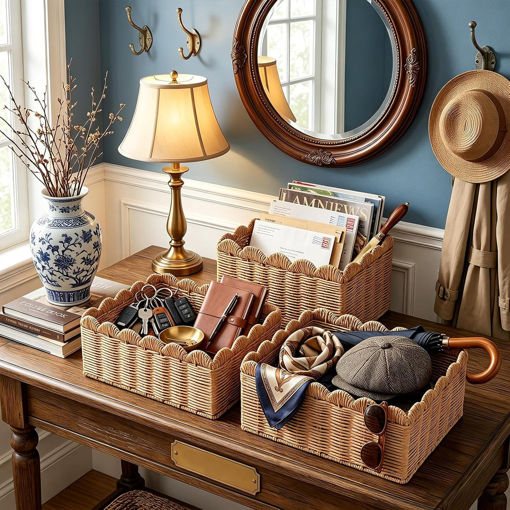 3 Pcs Wicker Storage Baskets for Shelves Picnic Basket,Scalloped Baskets, Han...