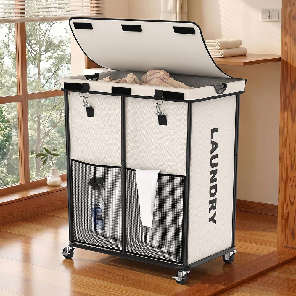 Laundry Hamper with Wheels and Lid, 225L Large Rolling Laundry Basket White