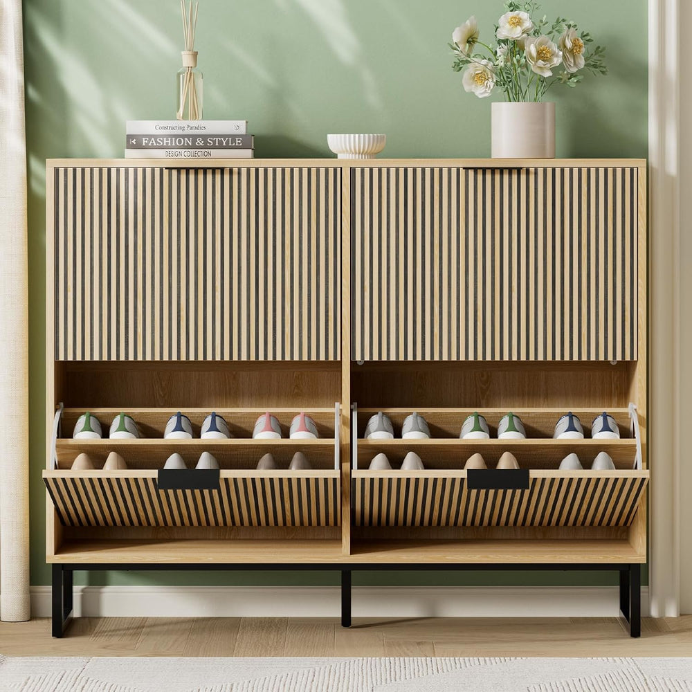 Shoe Cabinet Storage with 4 Flip Drawers and Metal Legs, Natural Wood丨Slim Sh...