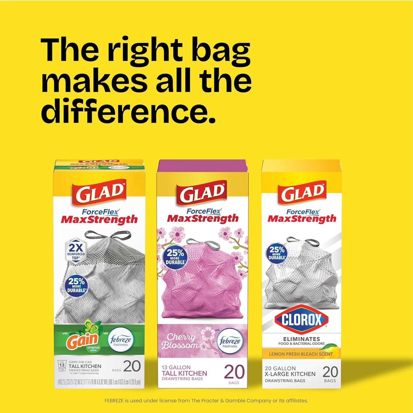Glad Tall Kitchen Trash Bags 13 Gallon, MaxStrength Cherry Blossom Garbage Bags, Odorshield with Drawstring, 34 Count