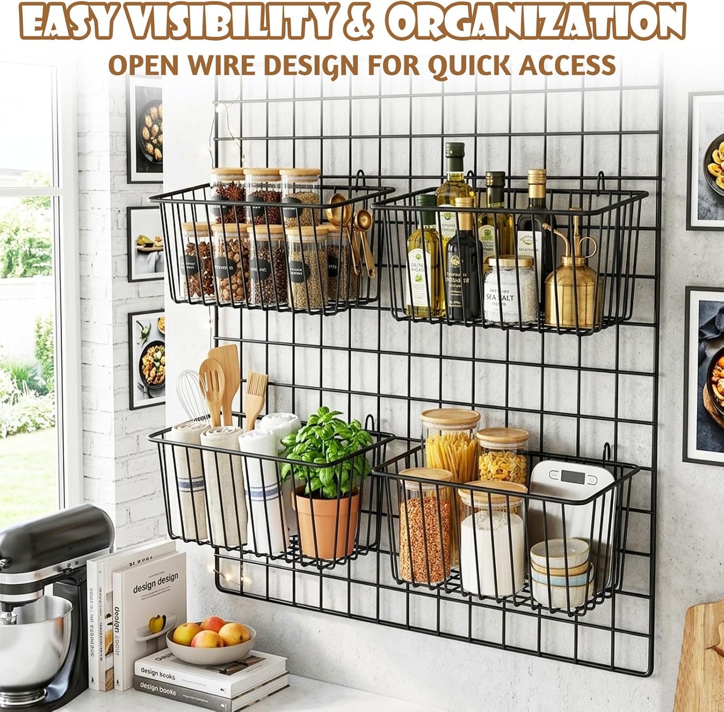 10 PCS Wire Baskets Wall Grid Panel Hanging Wire Basket Hanging Wall Baskets No Drilling Wall Hanging Baskets Grid Wall Storage Basket for Kitchen Bathroom Home Decor Supplies Large