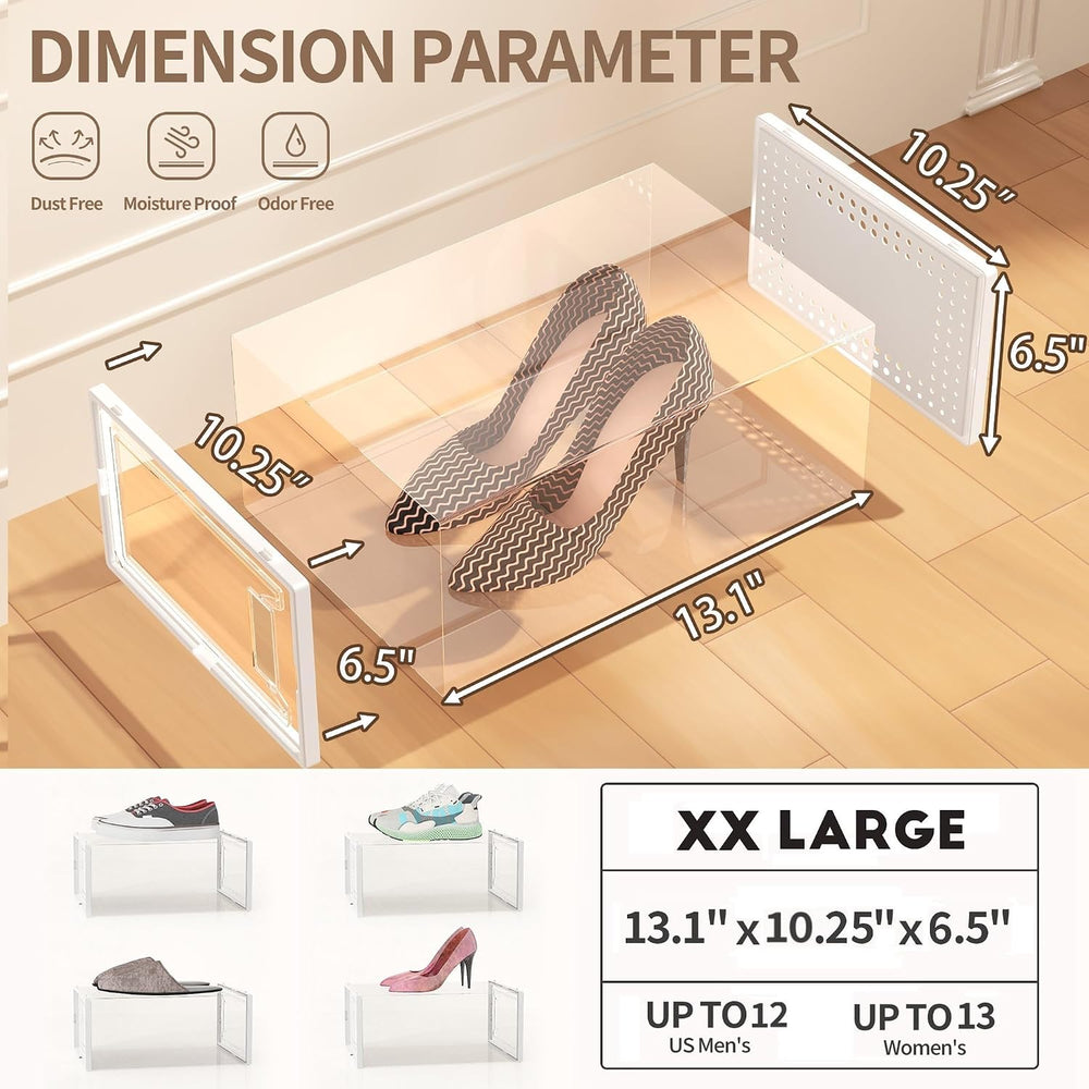 12 Pack XX-Large Stackable Clear Plastic Shoe Storage Box Organizer, White