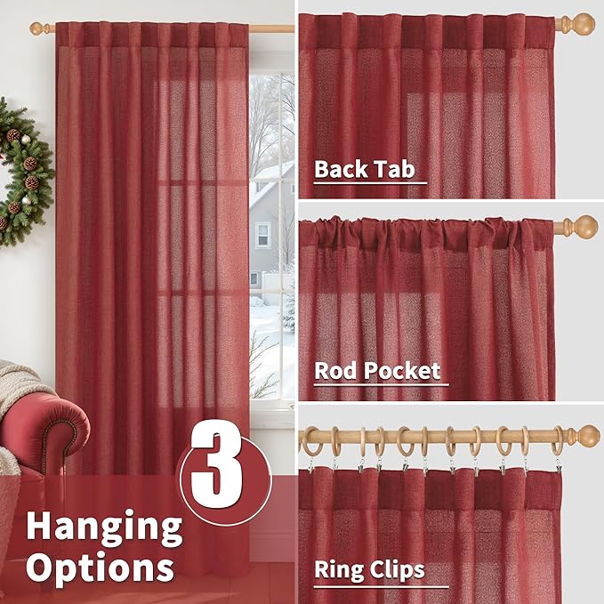 YoungsTex Red Linen Semi Sheer Curtains 72 Inch Length - Image 6