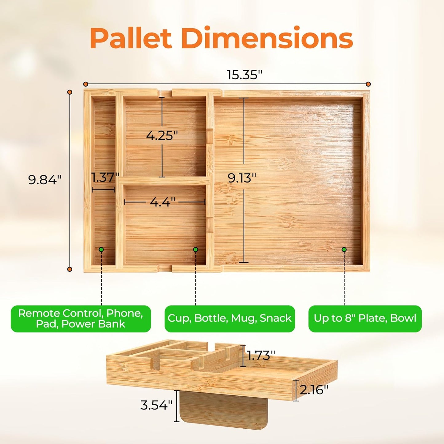 Couch Tray Insert for Middle Seat, Bamboo Couch Table with 2 Cup Holders, Natural, Fits Armless Sofa & Sectionals