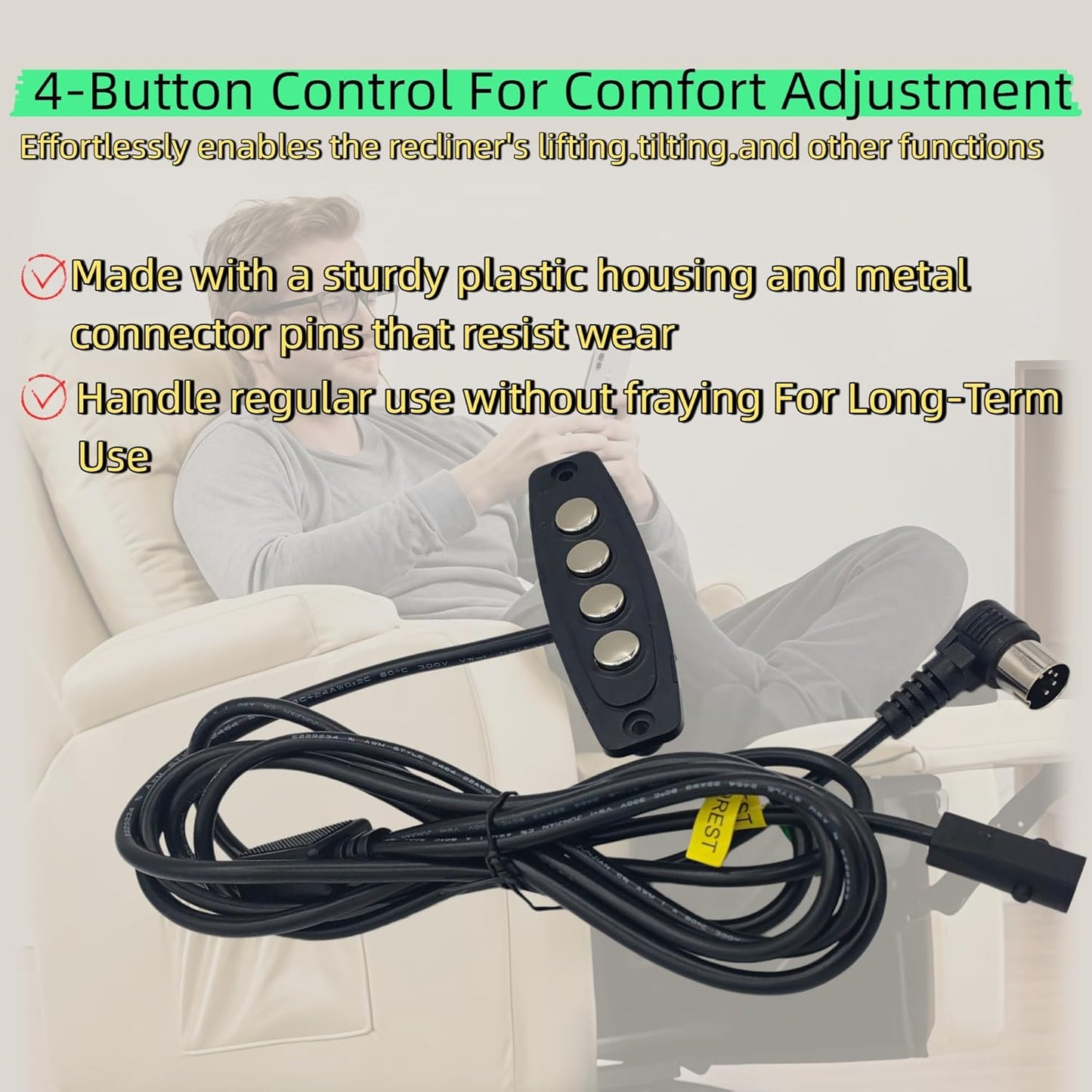 WPS4C10073 Power Recliner Controller, 4-Button Lift Chair Hand Control Replacement with 5+2 Pin Connector, Compatible with 23300195X000(B) 23300235X000 DK.08.07.110 141600640