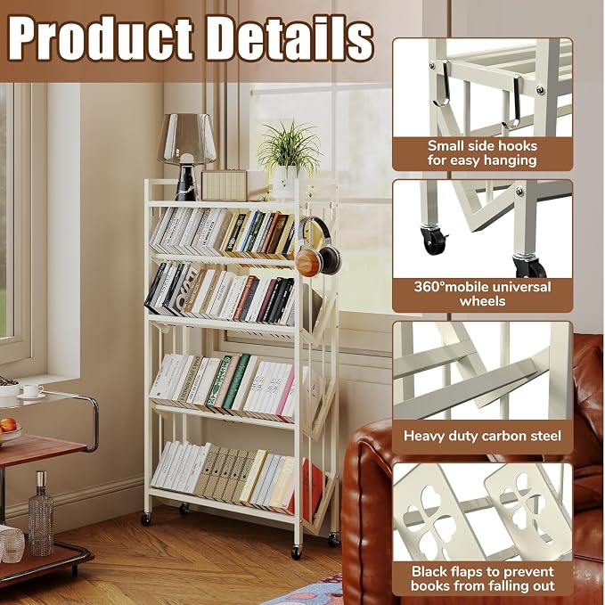 Book Carts 5 Tier 57.7x35.4x9.84 in Rolling Book Cart Large Capacity Bookshelf - Image 3