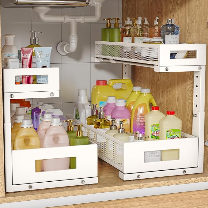 2 Pack 19IN Depth Under Sink Storage Organizer, Large 2-Tier Elegant Mesh Pull by UnderSinkOrganizer