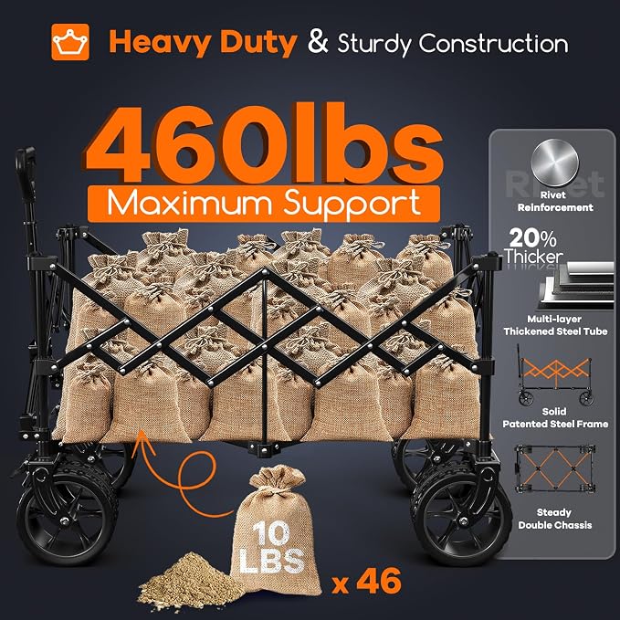 220L Collapsible Wagon Cart Foldable, 460lbs Load Capacity Heavy Duty Folding - Image 3