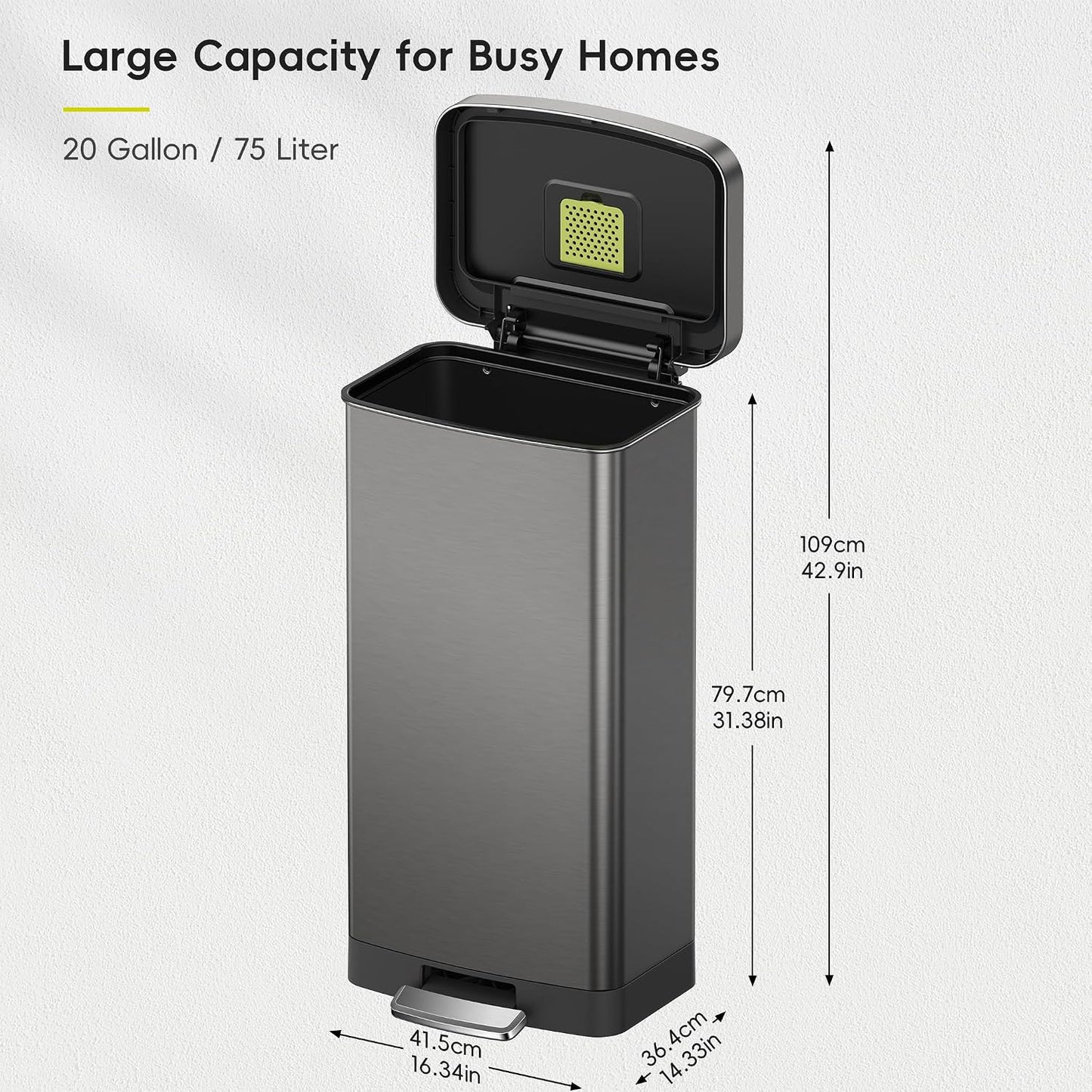EKO Hudson Stainless Steel 75 Liter/20 Gallon Large Kitchen Trash Can, Tall Step Garbage Can with Rear Bag Storage Compartment, Gunmetal