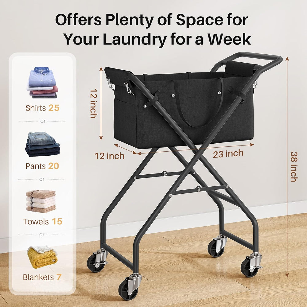 No-Bend Laundry Cart- Rolling Hamper with Locking Wheels & Handle, Foldab...