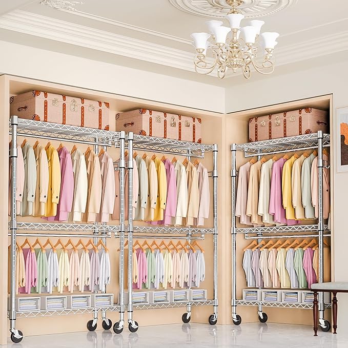 Heavy Duty Rolling Garment Rack 3 Tiers Adjustable Wire Shelving Clothes Rack - Image 4