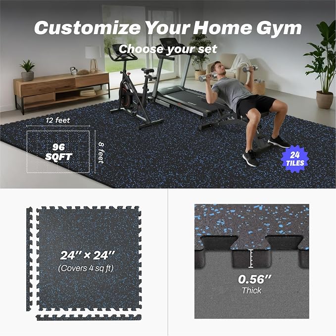 AIRHOP 0.56in Thick 96 Sq Ft Exercise Equipment Mats, 24Tiles Upgraded Rubber - Image 4