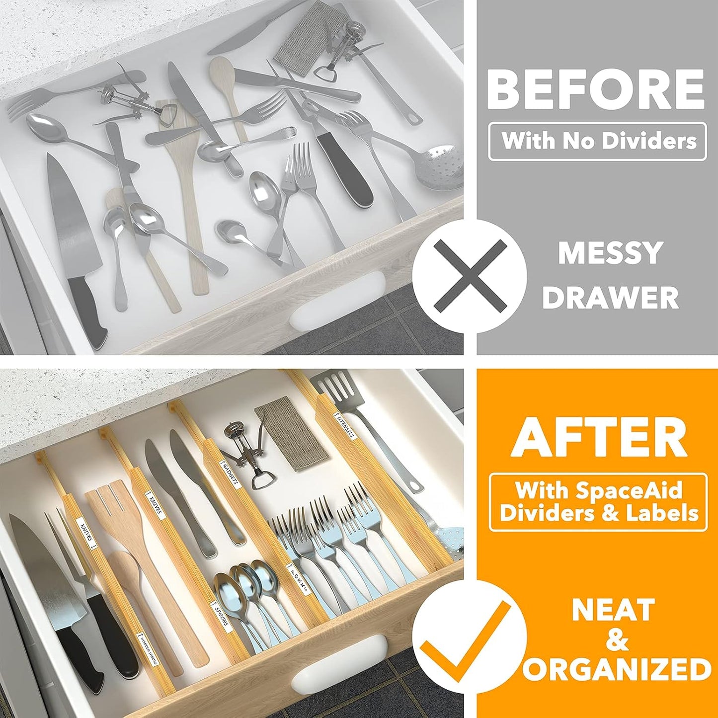 SpaceAid Bamboo Drawer Dividers with Labels, Kitchen Adjustable Drawer Organizers, Expandable Organization for Home, Office, Dressers and Bathroom, 6 Dividers (17-22 in) (Pack of 2)