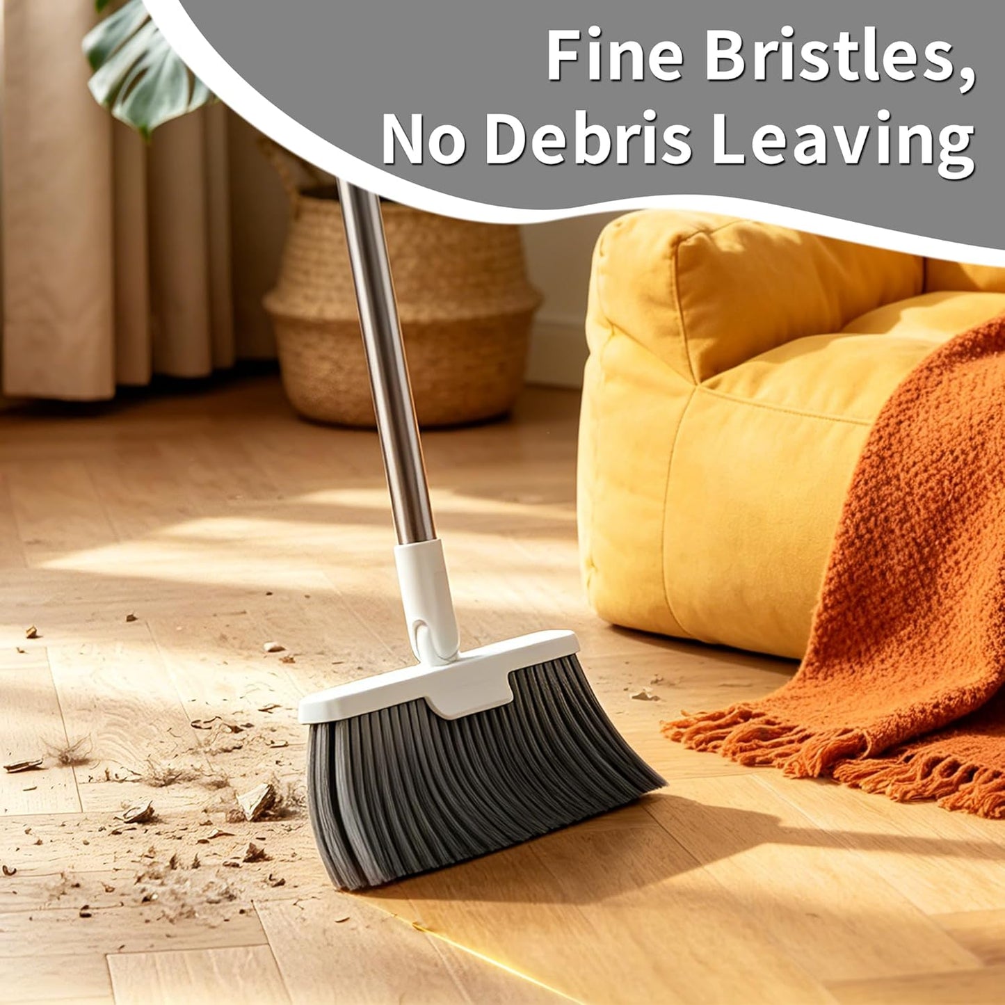 3 Pieces 52'' Broom with Dustpan Combo Set and Silicone Air Broom Kit, Long Handle Broom and Dustpan Sets with Teeth, Upright Storage Household Broom and Dustpan Sets Light Gery