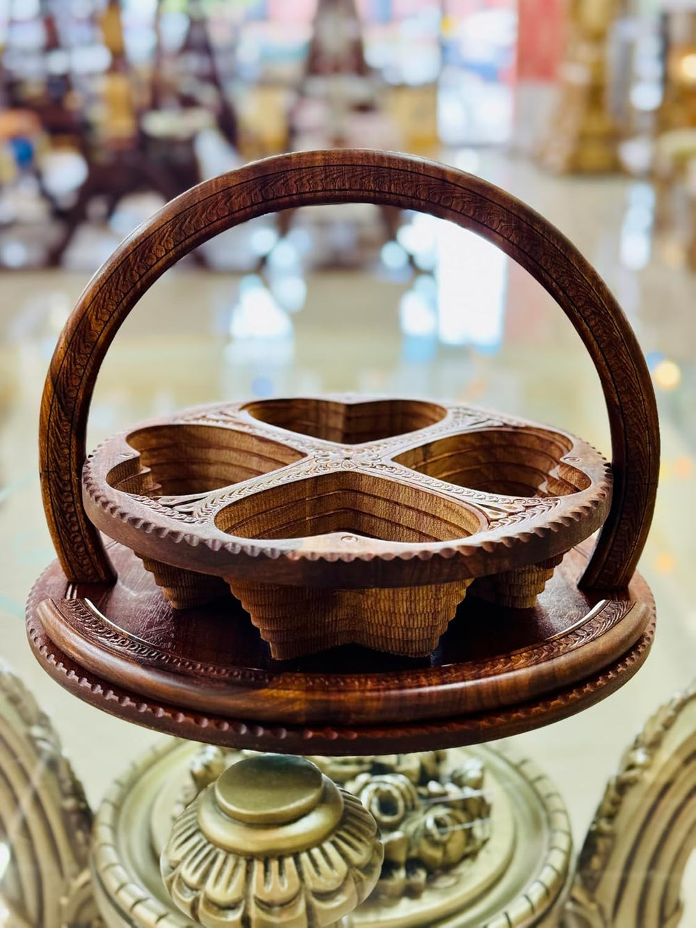 Handmade 14″ Collapsible Wooden Basket, 4-Compartment Heart Design in Himalay...