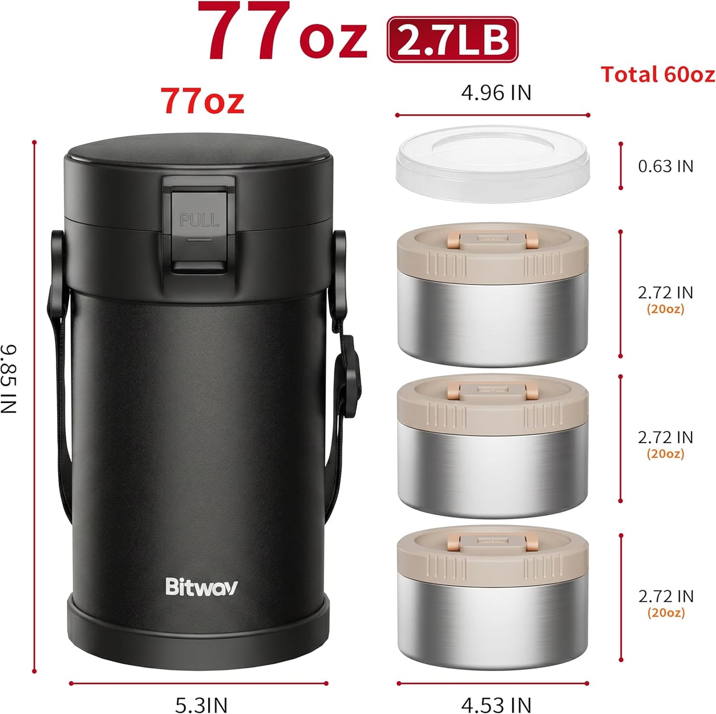 77oz Stainless Steel Insulated Food Jar, 3 Tier Stackable Bento Lunch Box, Vacuum Thermal Food Container for Hot Food, Soup Thermos with Insulated Bag for Work, Travel, Outdoor (77 oz Black)