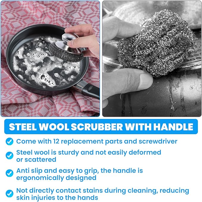4 Pcs Steel Wool Scrubber with Handle Heavy Duty Metal Pot Scrubber Brush 16 - Image 3