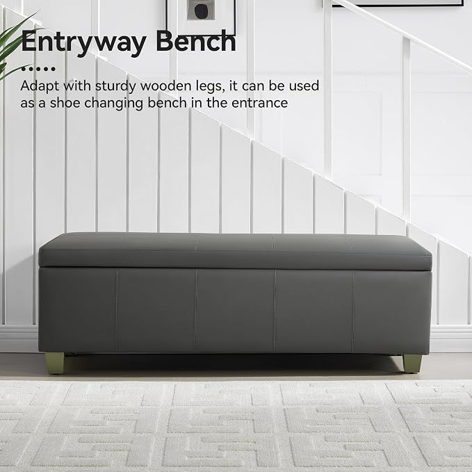 51" Faux Leather Storage Ottoman, Stitch Tufted Rectangle Upholstered End of - Image 6