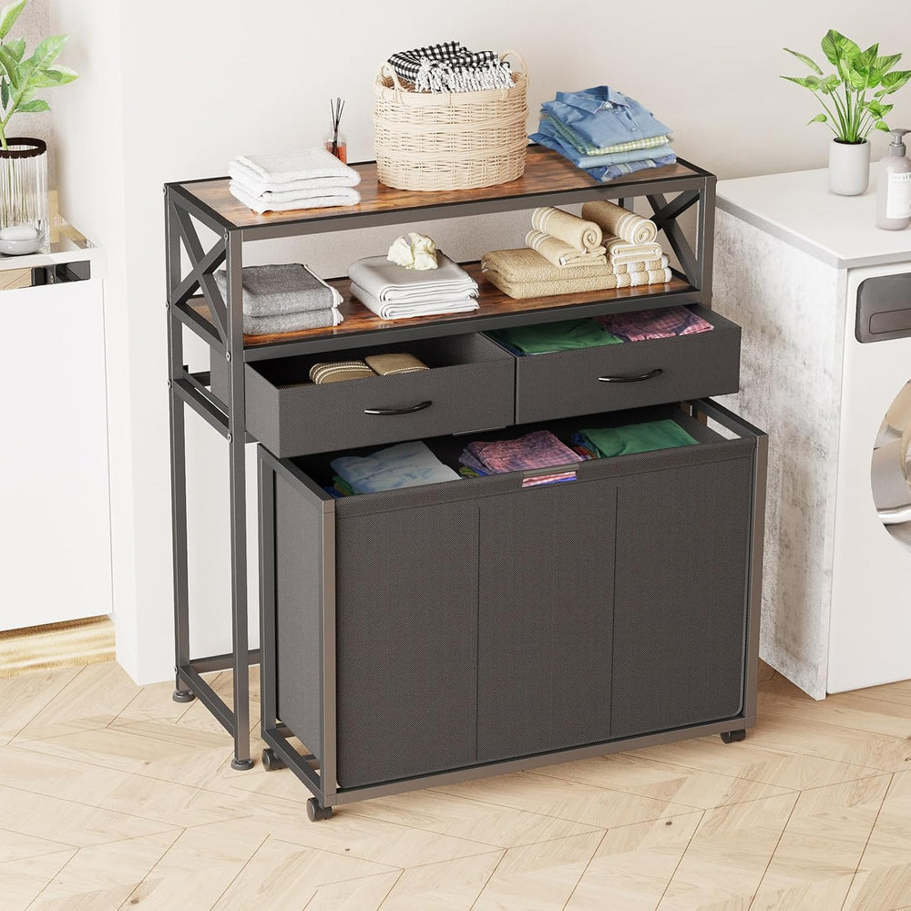 150L Laundry Sorter Hamper 3 Section with 2 Shelves & 2 Drawers
