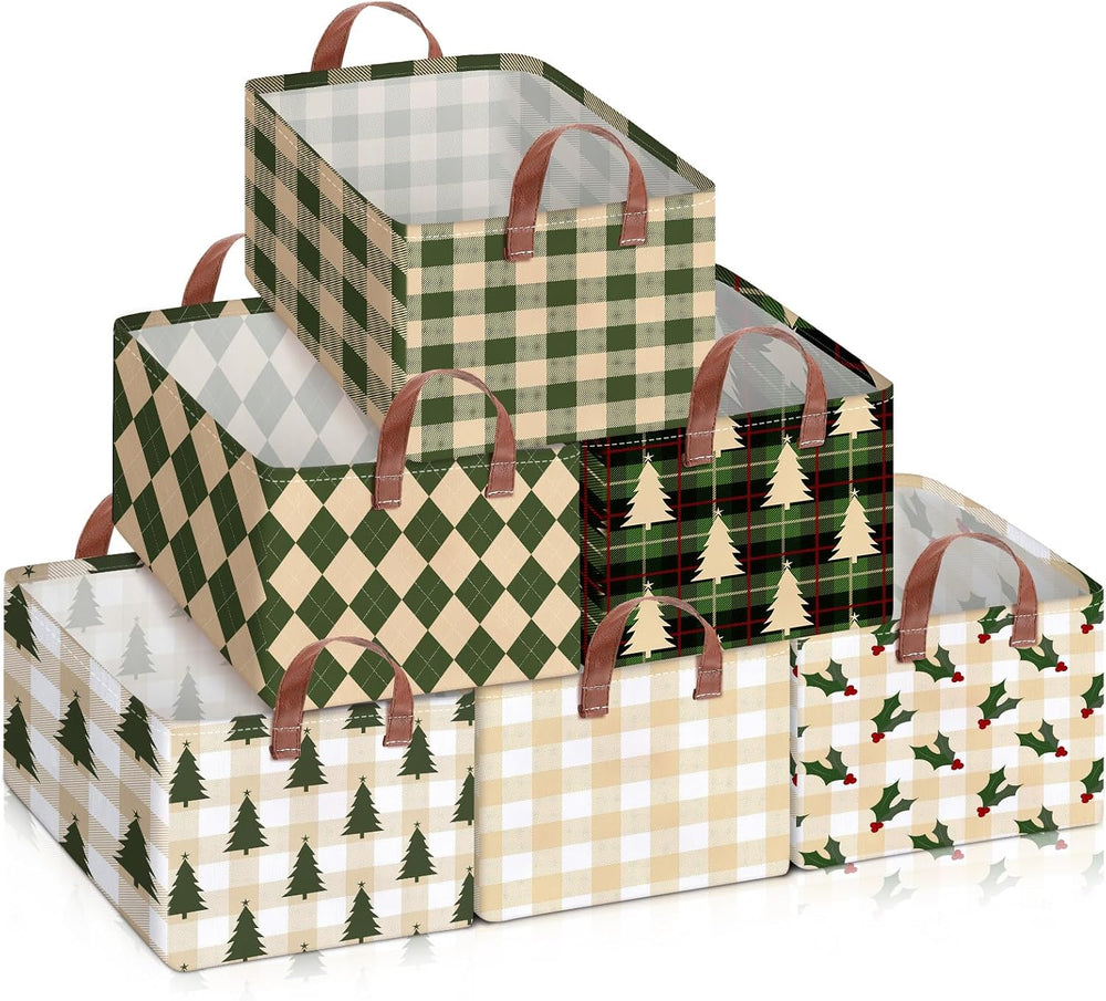 Boao 6 Pack Neutral Christmas Gingham Storage Baskets for Gifts Empty