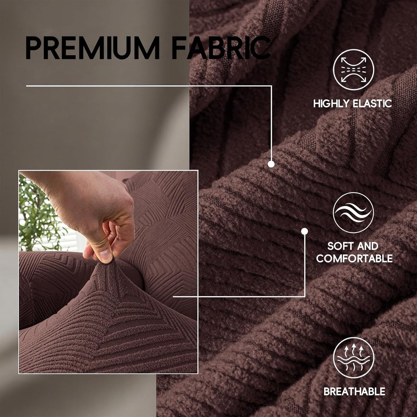5-Piece Recliner Sofa Covers,Stretch Geometric Strokes Jacquard Recliner Sofa Slipcovers,Seamless Furniture Protector with Pocket,Soft Breathable Couch Cover,3 Seater Chocolate