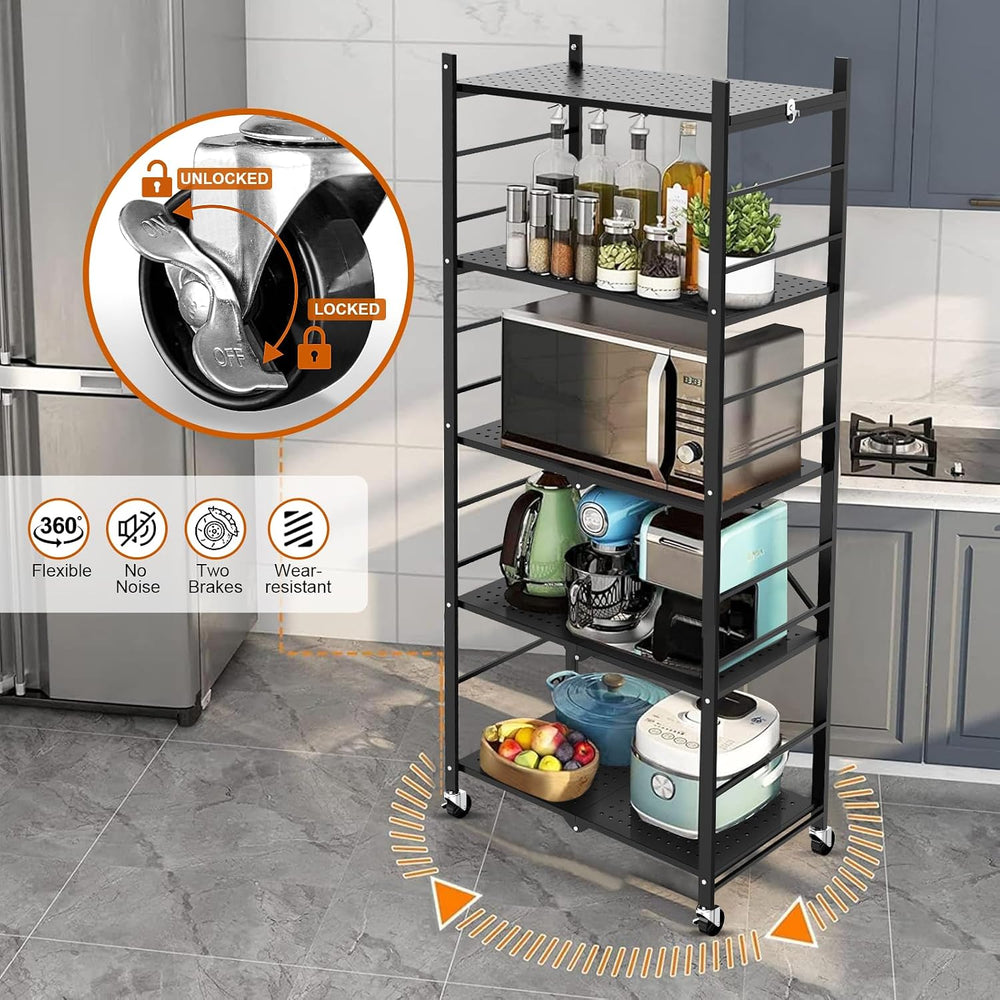 Himix 5-Tier Foldable Storage Shelves with 20 Hooks Wheels Kitchen Black