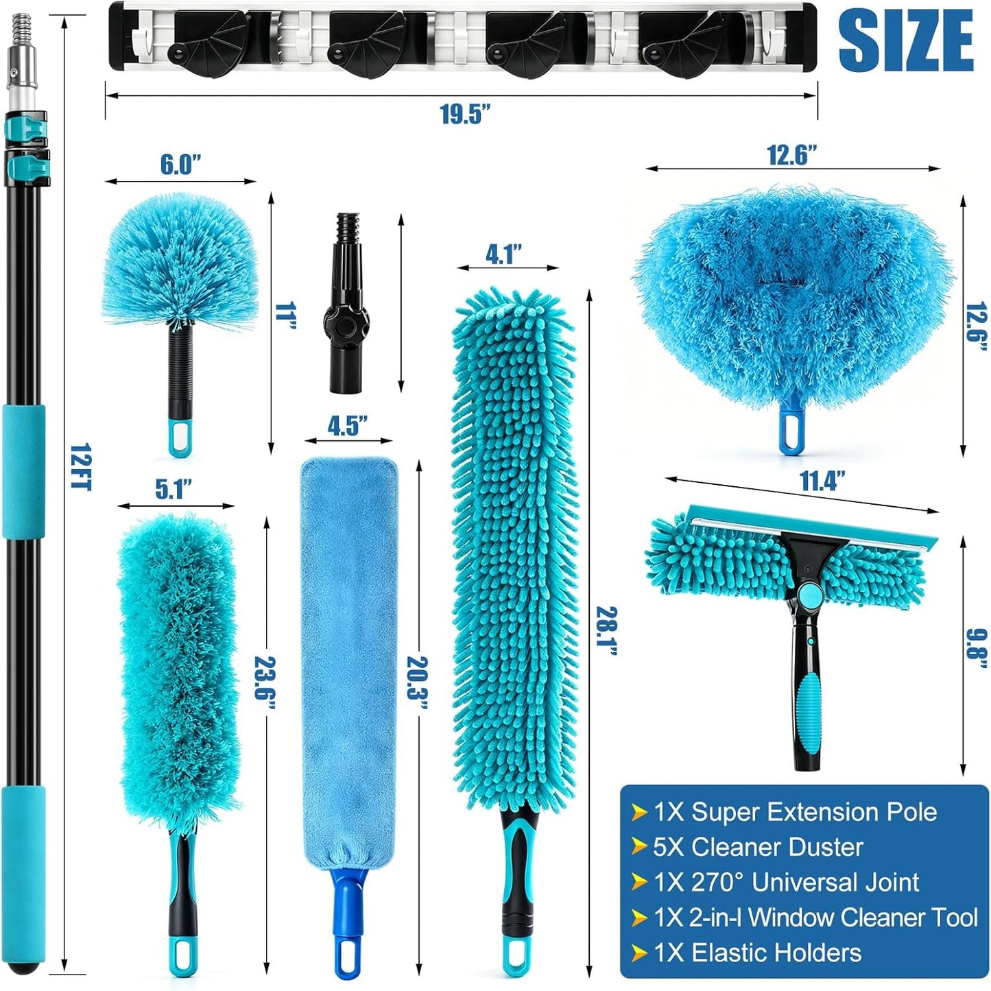 FIDISP 20 Foot High Duster with Extension Pole 4.5-12FT, 1.2" Thick Aluminum Wobble-Free Handle, 9 PCS Ceiling Fan Cleaner Duster Kit with Hooks, Spider Web Brush with Pole for High Ceilings & Outdoor