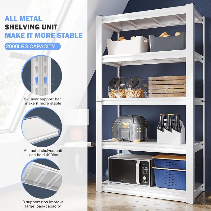 Raybee Garage Shelving Heavy Duty 2000LBS Storage Shelves 5 Tier Metal Shelving - Image 6