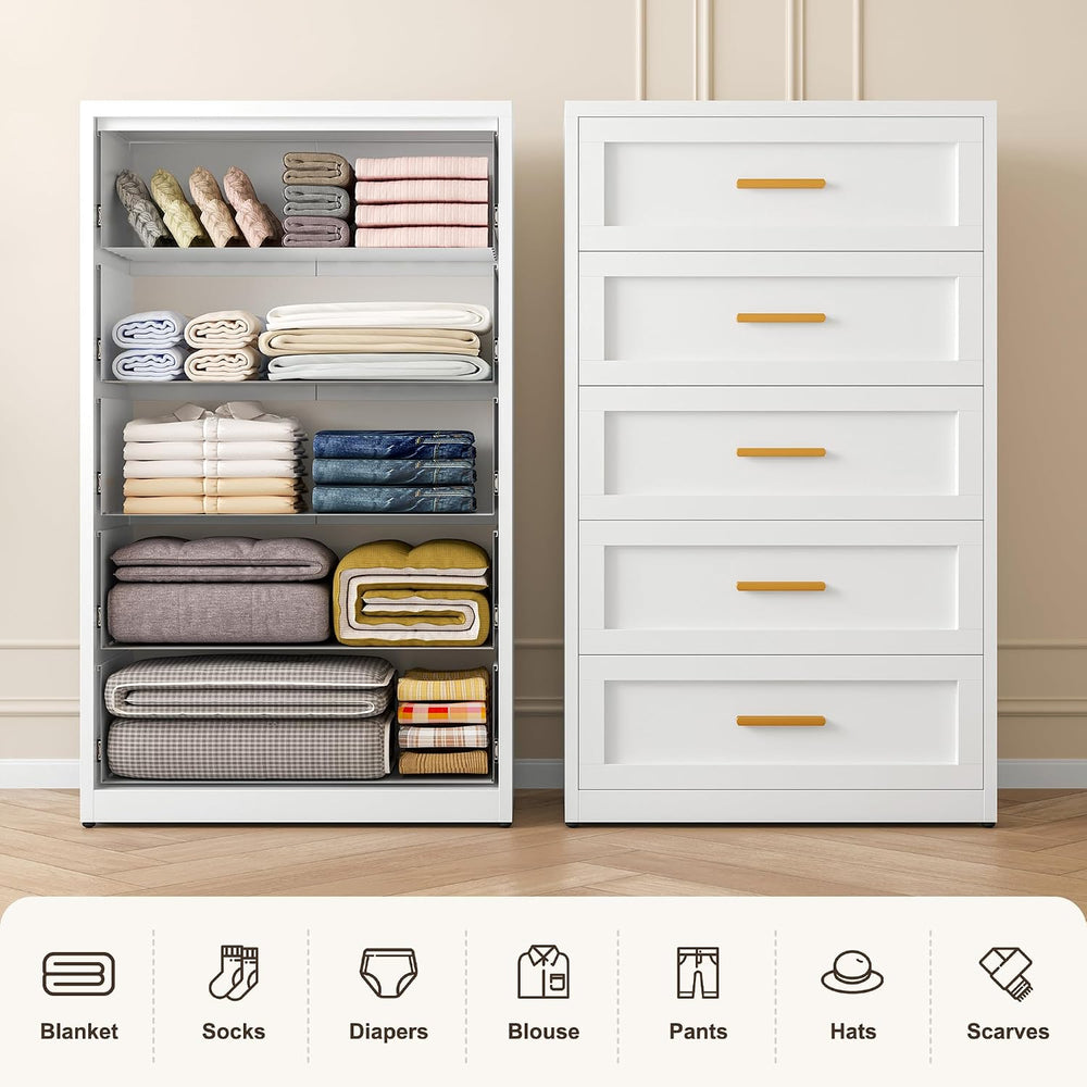 LCAOPC White Metal Dresser with 5 Spacious Drawers, Modern Chest of Drawers w...