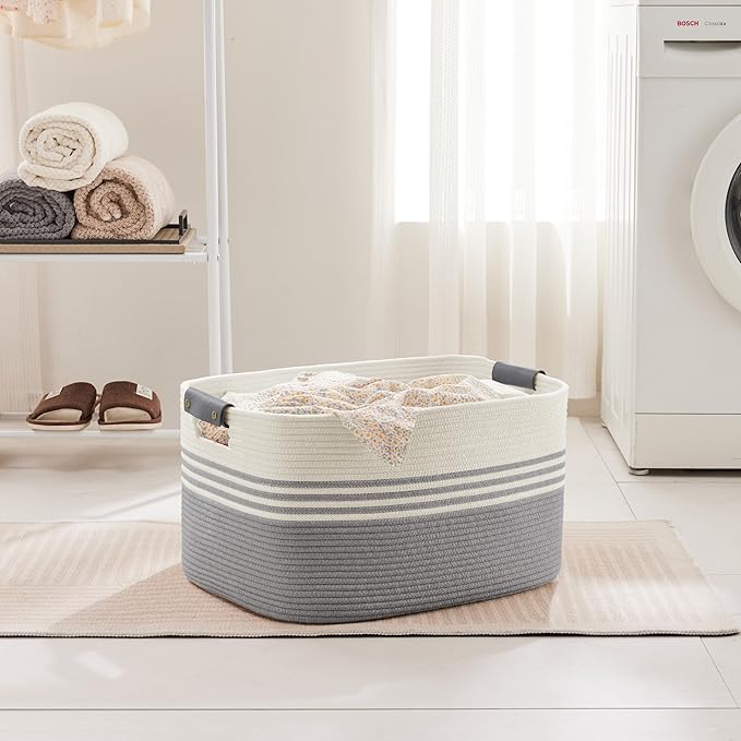 60L Large Laundry Basket with Leather Handles - Image 3