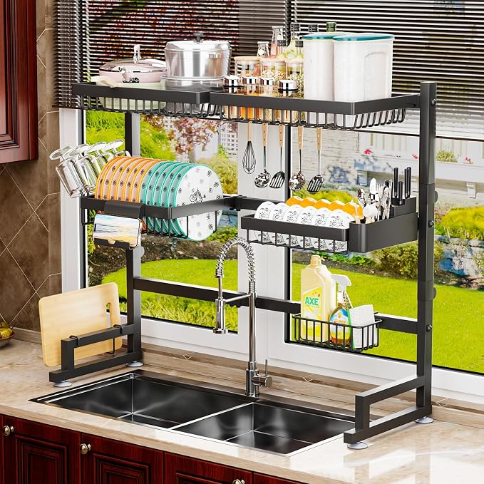 3-Tier Over Sink Dish Draining Rack, Adjustable Width and Height, - Image 8