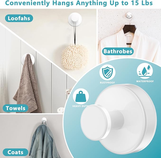 Suction Cup Hooks for Shower, Removable No Drill Towel Hooks, Upgraded 15 lbs - Image 5